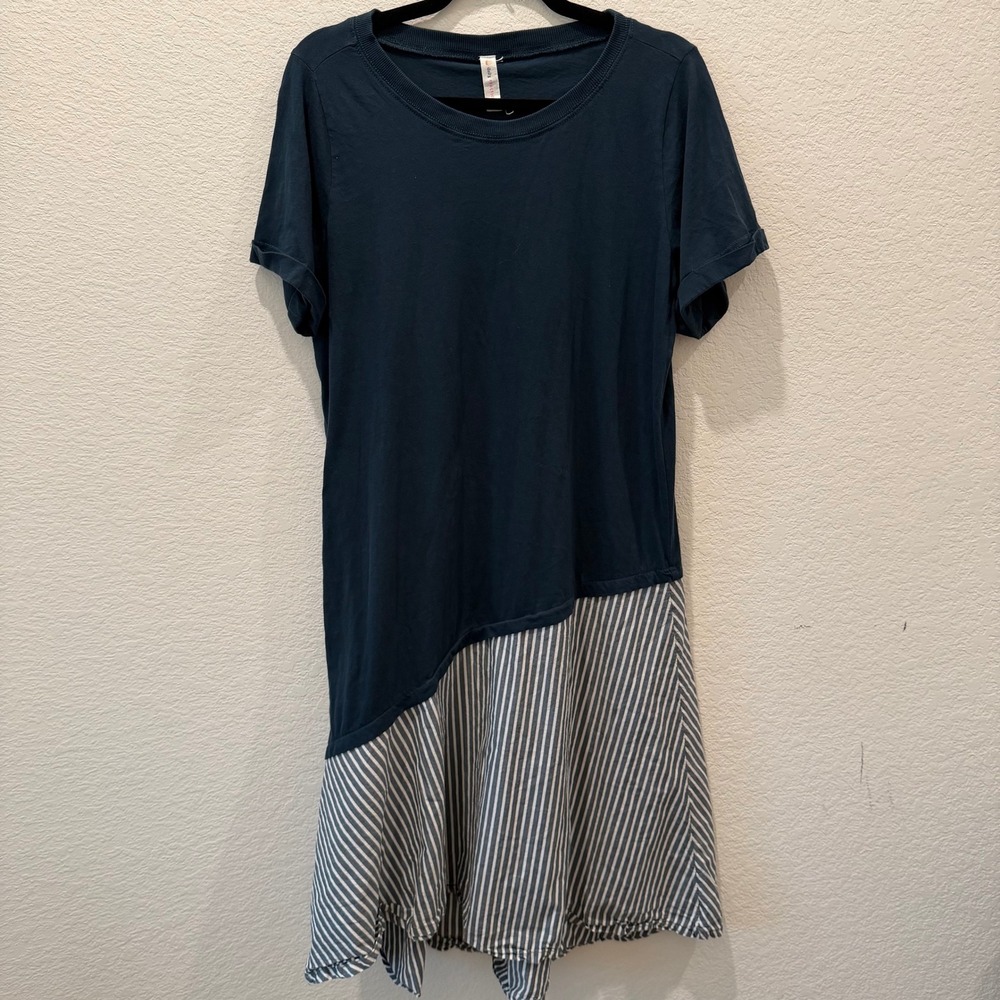 Daily Practice Anthropologie Navy Striped Asymmetrical T-Shirt Dress Small